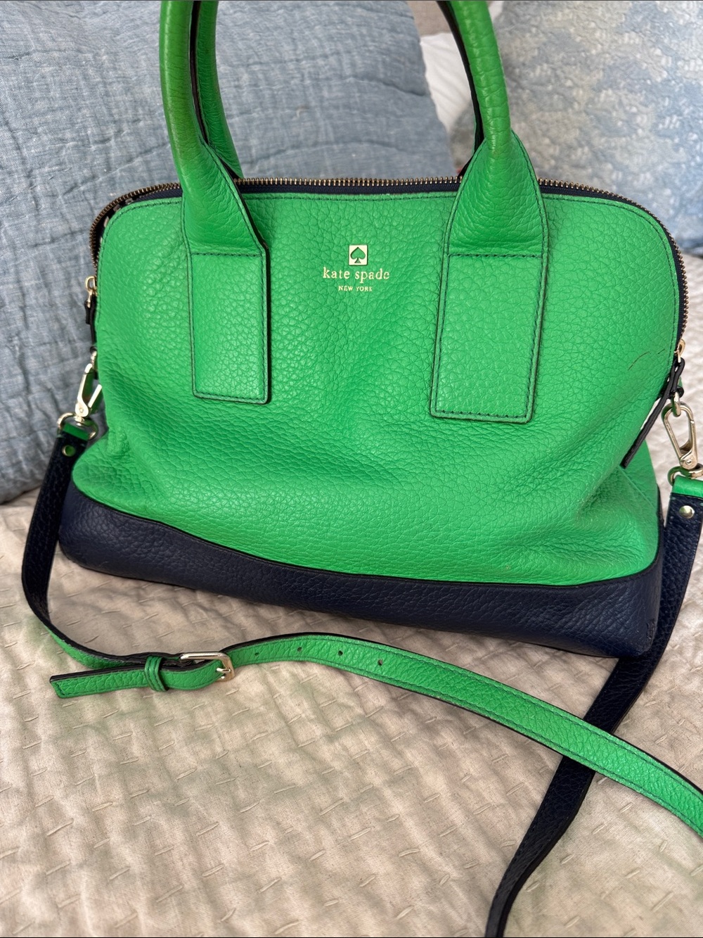 kate spade Green and Black Pebbled Leather Satchel with Crossbody Strap